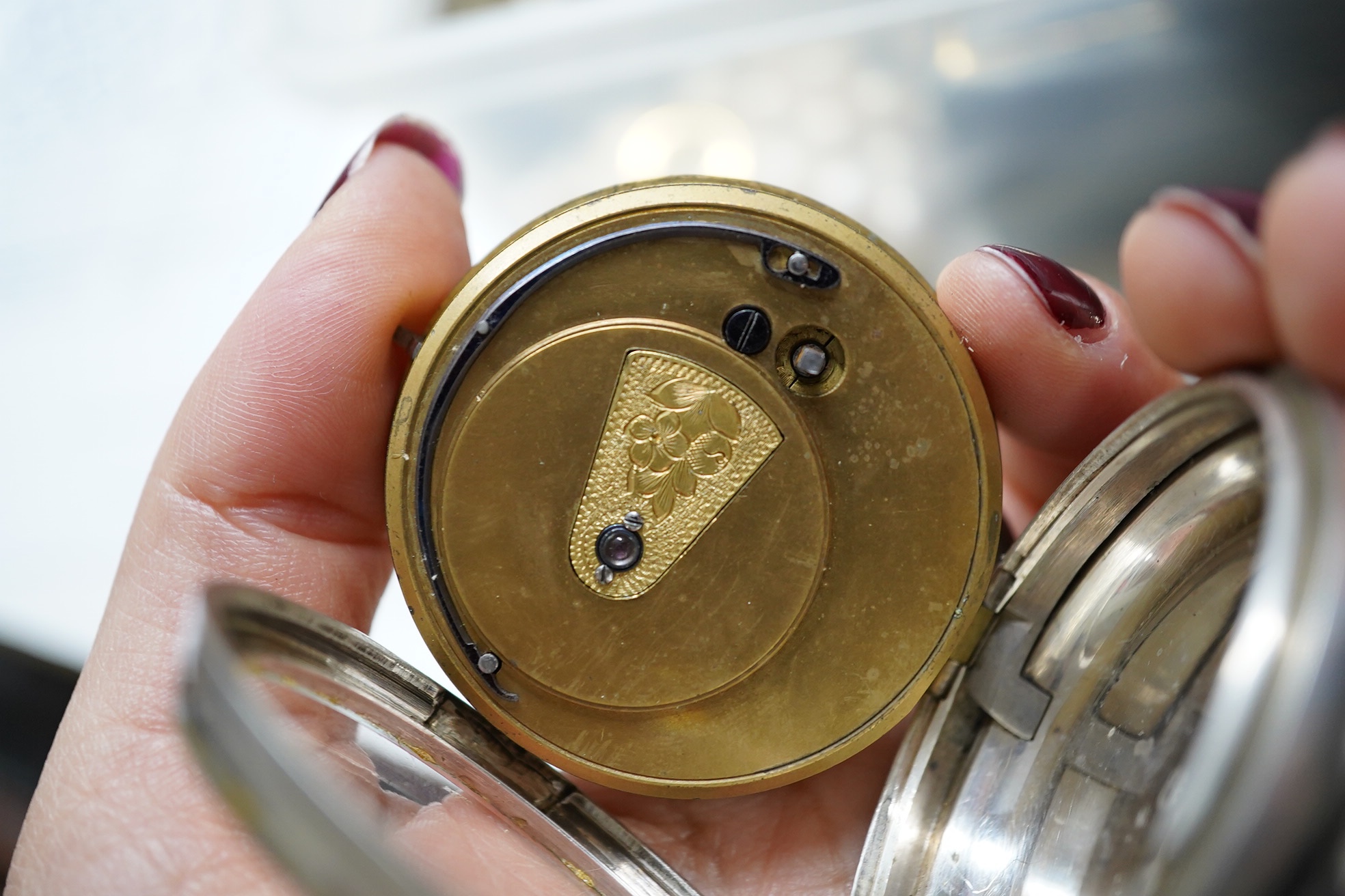 Assorted costume jewellery and other items including a silver open face pocket watch and Mexican white metal and shell necklace. Condition - poor to fair to good